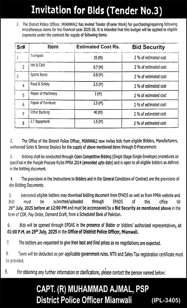 Police Department Mianwali Tender Notice